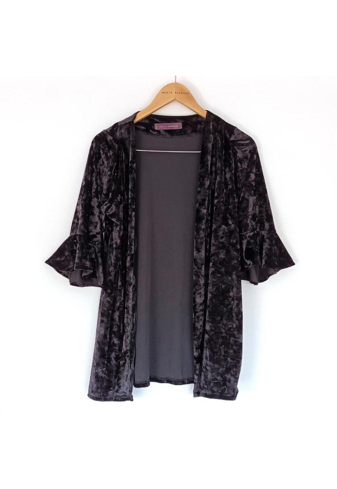 Tapado Kimono Corto Turin Negro Terciopelo Jaspeado Maria Paskaro-3
