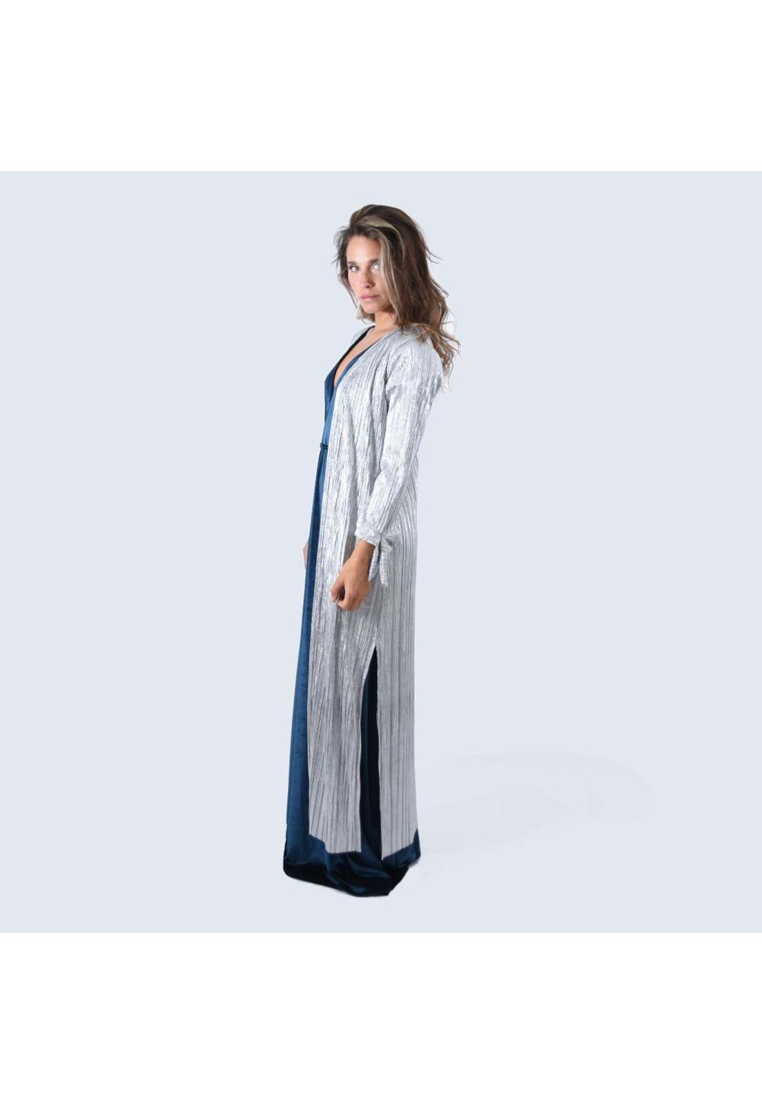 Tapado Kimono Largo Verona Plateado Brillante Metalizado Maria Paskaro-6