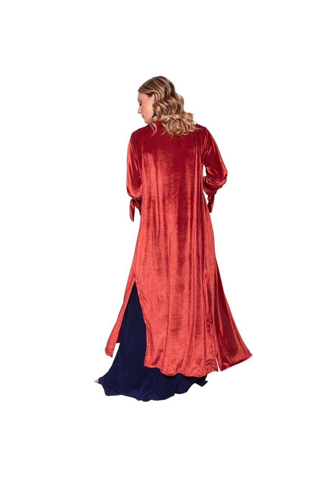 Tapado Kimono Largo Verona Terracota Terciopelo Lineas Maria Paskaro-2