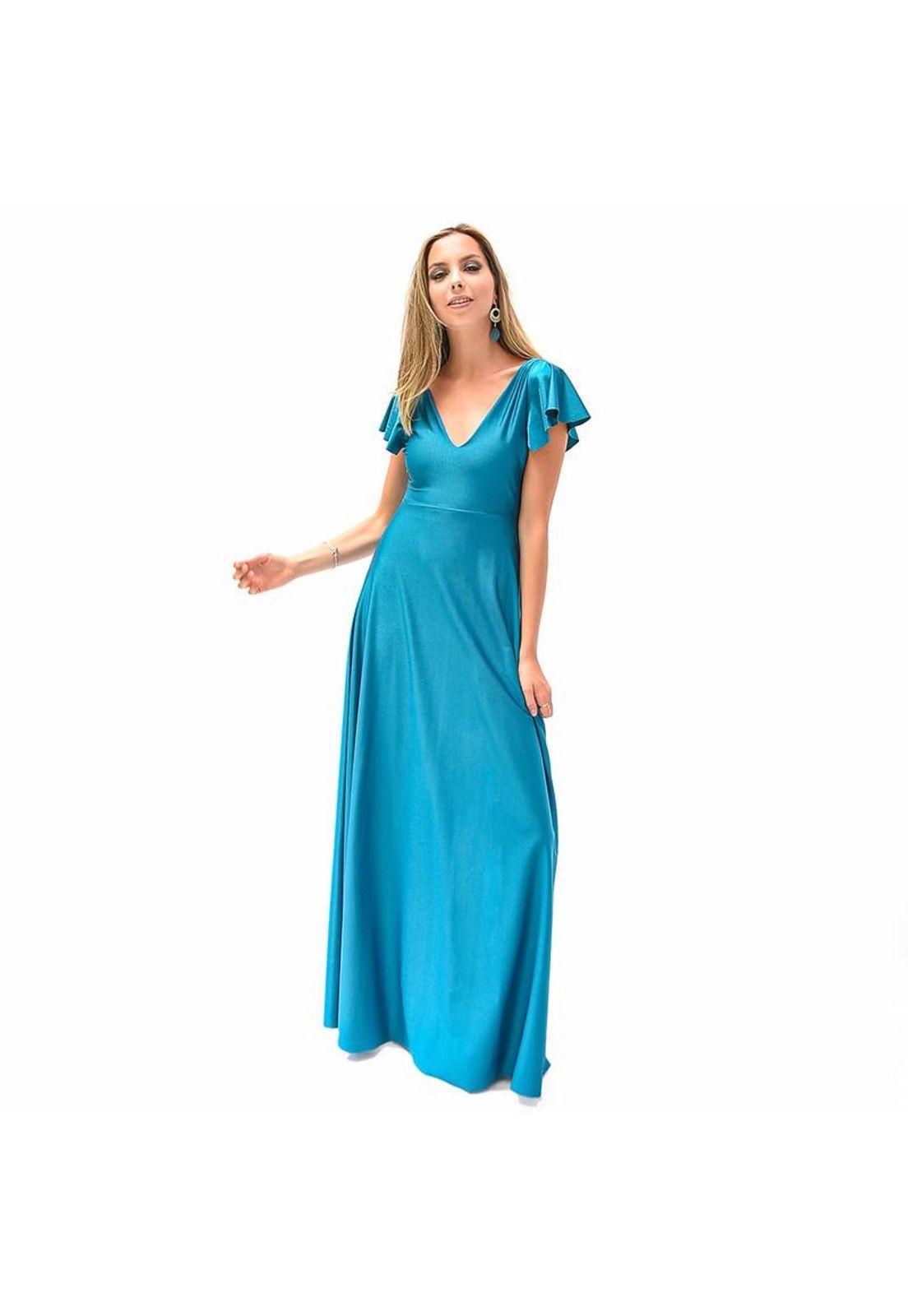 Vestido Largo Mangas Petroleo Lycra Lazo Espalda Maria Paskaro-0