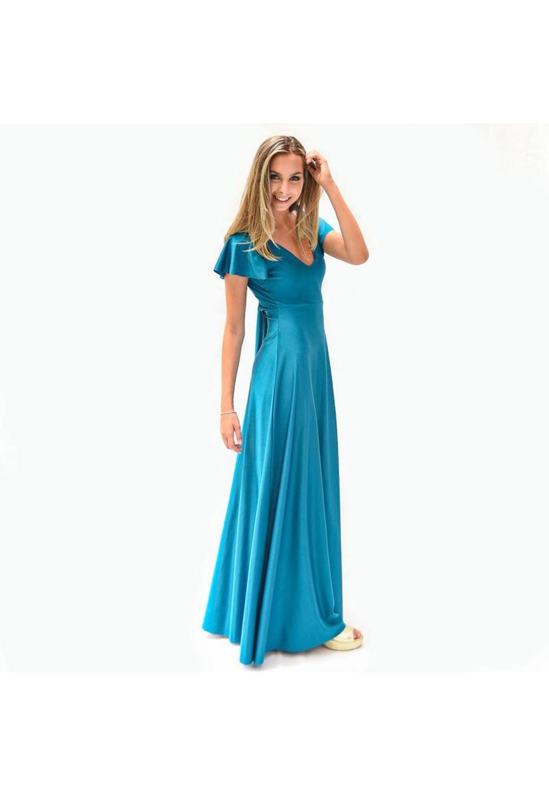 Vestido Largo Mangas Petroleo Lycra Lazo Espalda Maria Paskaro-1