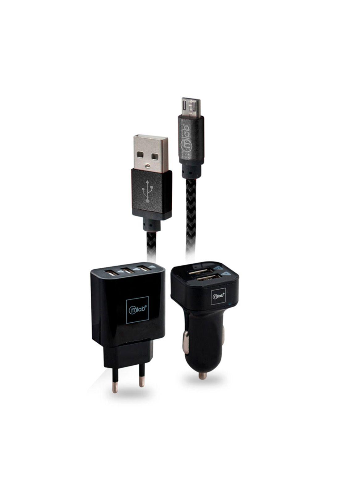 Kit Cargador 3 En 1 + Cable Micro Usb Negro Mlab-0