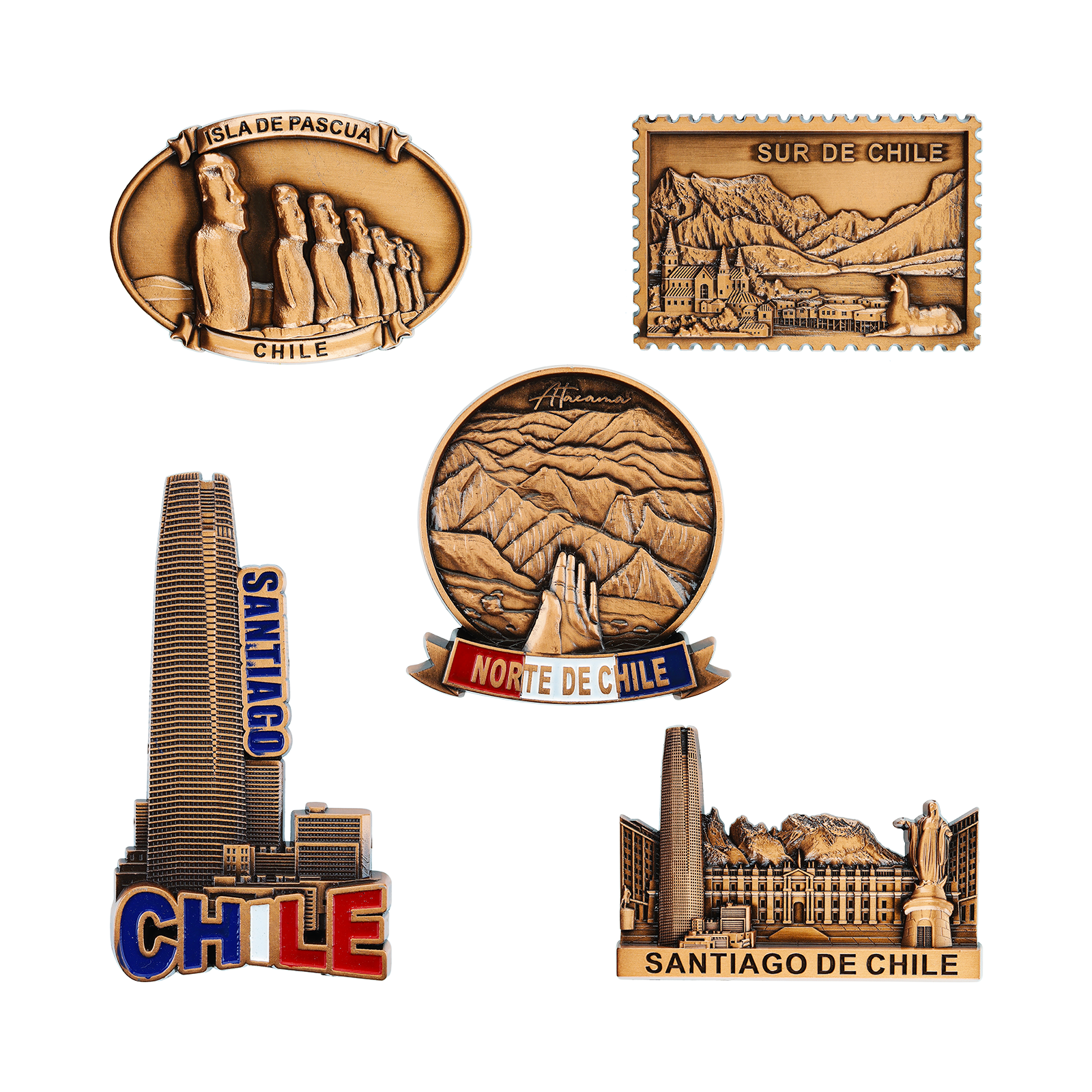 Pack 5 Imanes Refrigerador Souvenir Chile Color Cobre Soleio