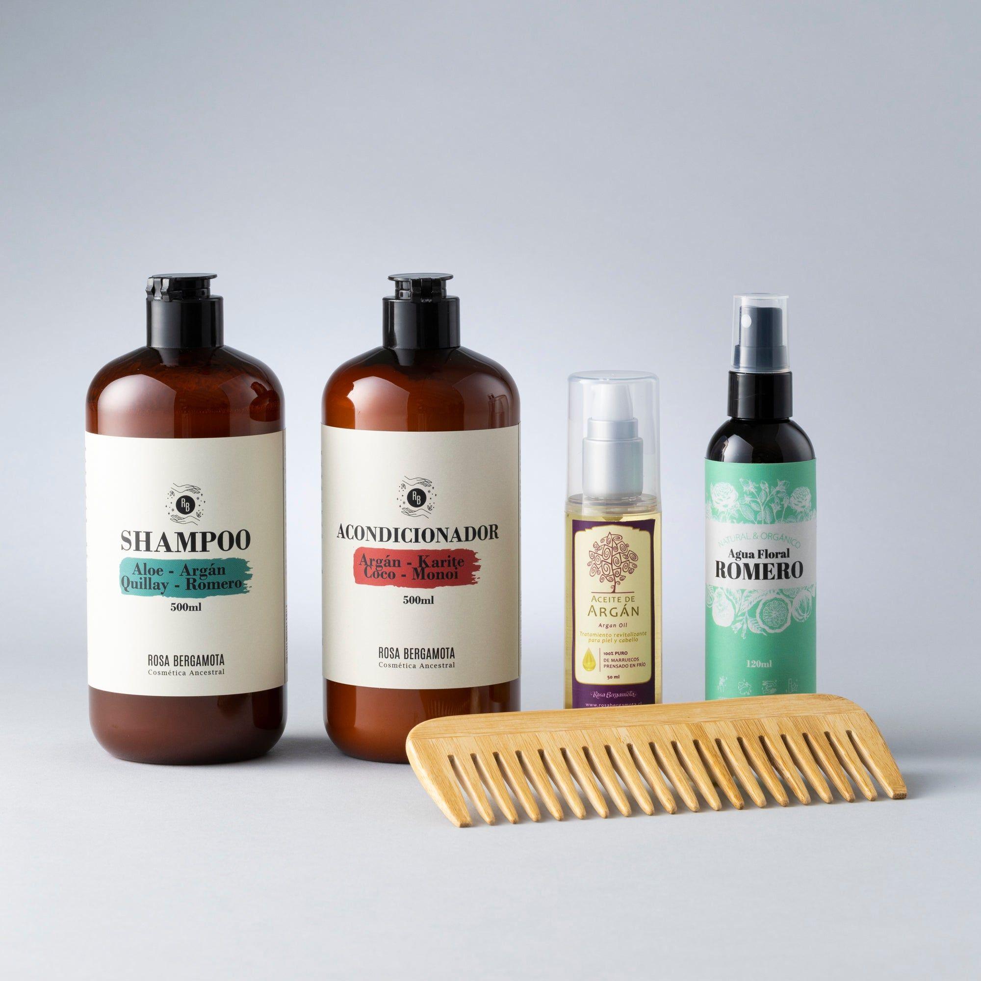 Pack Anticaída: Shampoo & Acondicionador 500ml + Aceite de Argán 50ml + Agua de Romero 200ml + Peineta de madera de REGALO-0