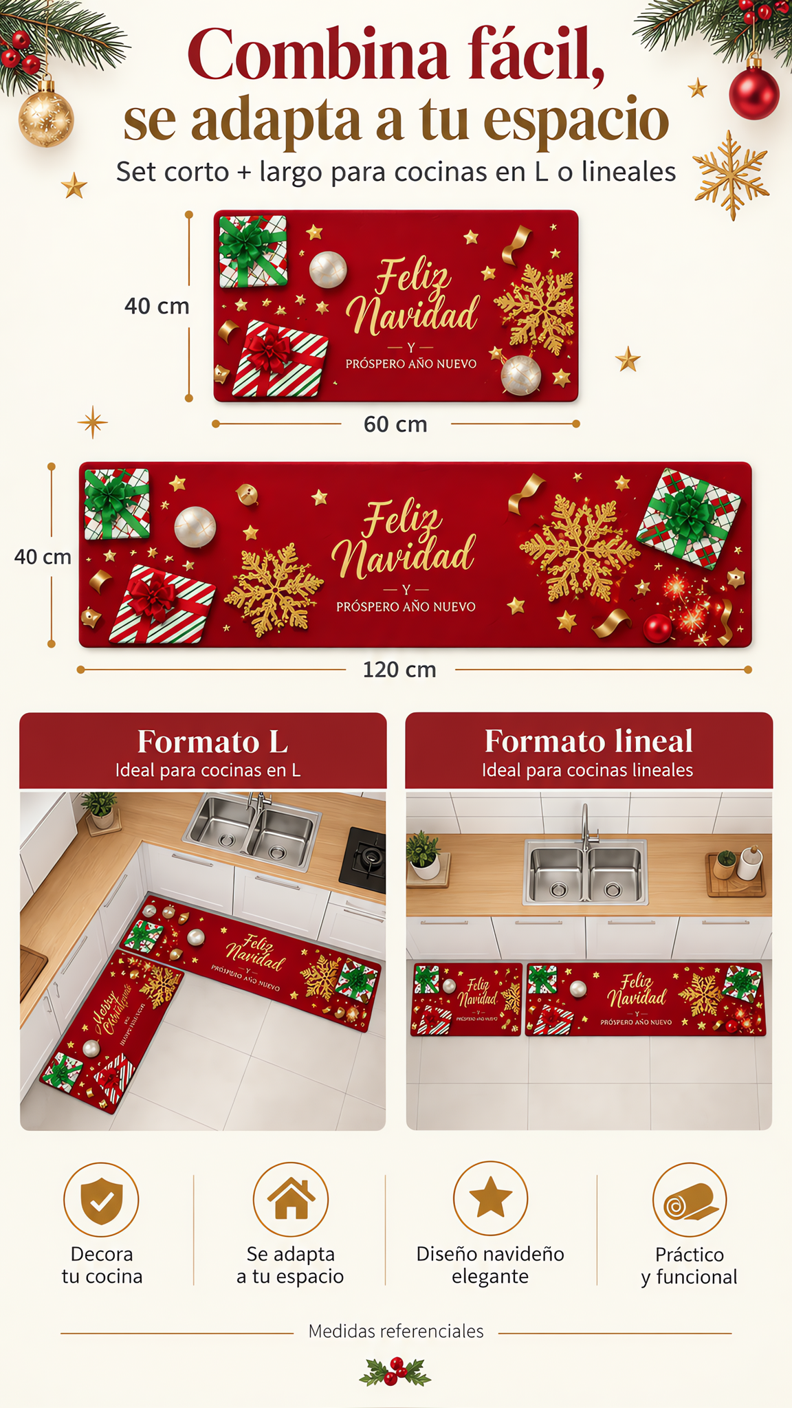 Set de 2 alfombras navideñas antideslizantes 40x60 y 40x120 cm-3