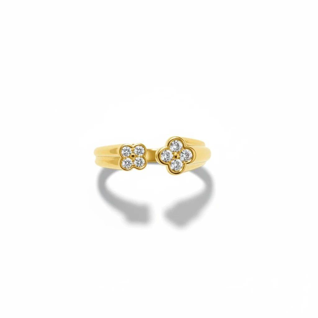 Anillo Abierto Doble Trébol con Circones - Baño de Oro 18k-2