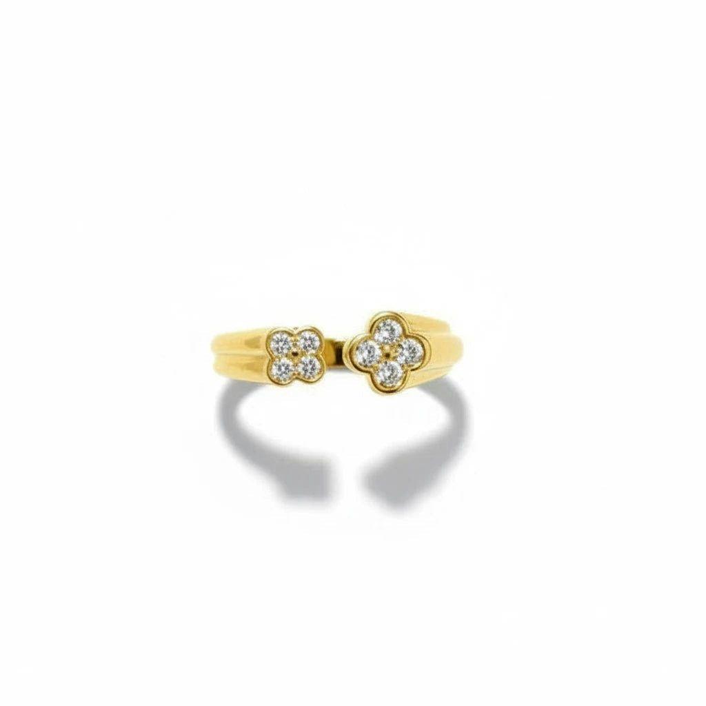 Anillo Abierto Doble Trébol con Circones - Baño de Oro 18k-4