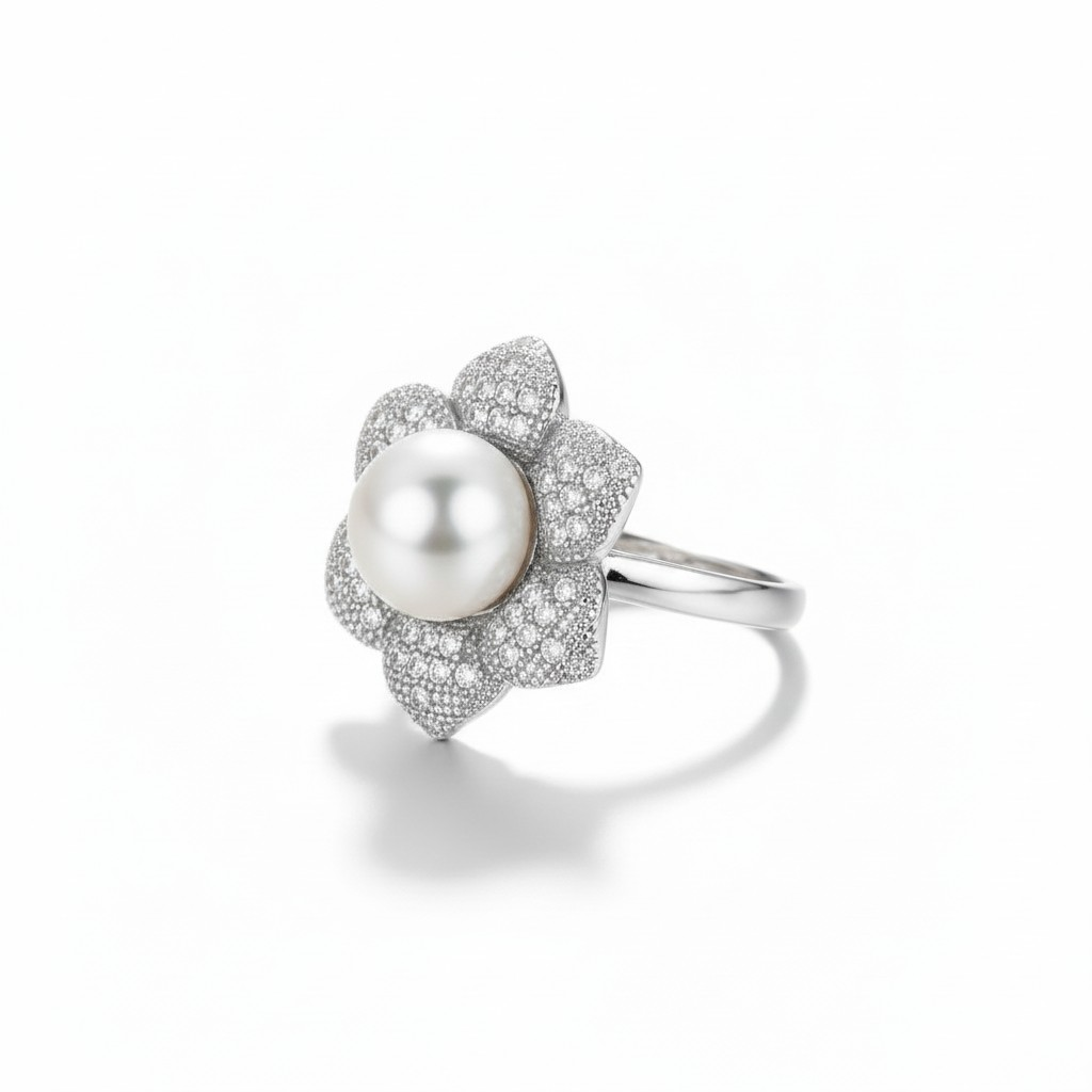 Anillo Magnolia Real Perla - Baño de Rodio-2