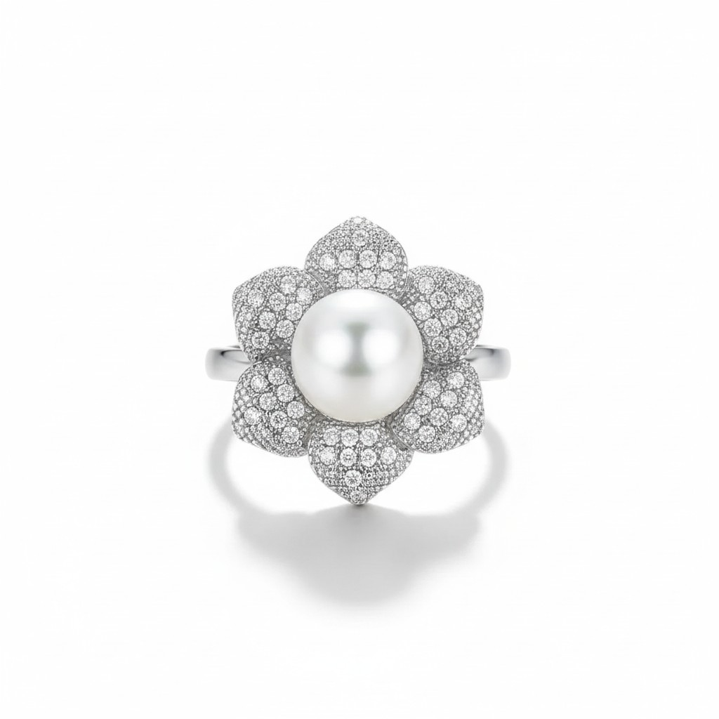 Anillo Magnolia Real Perla - Baño de Rodio-3