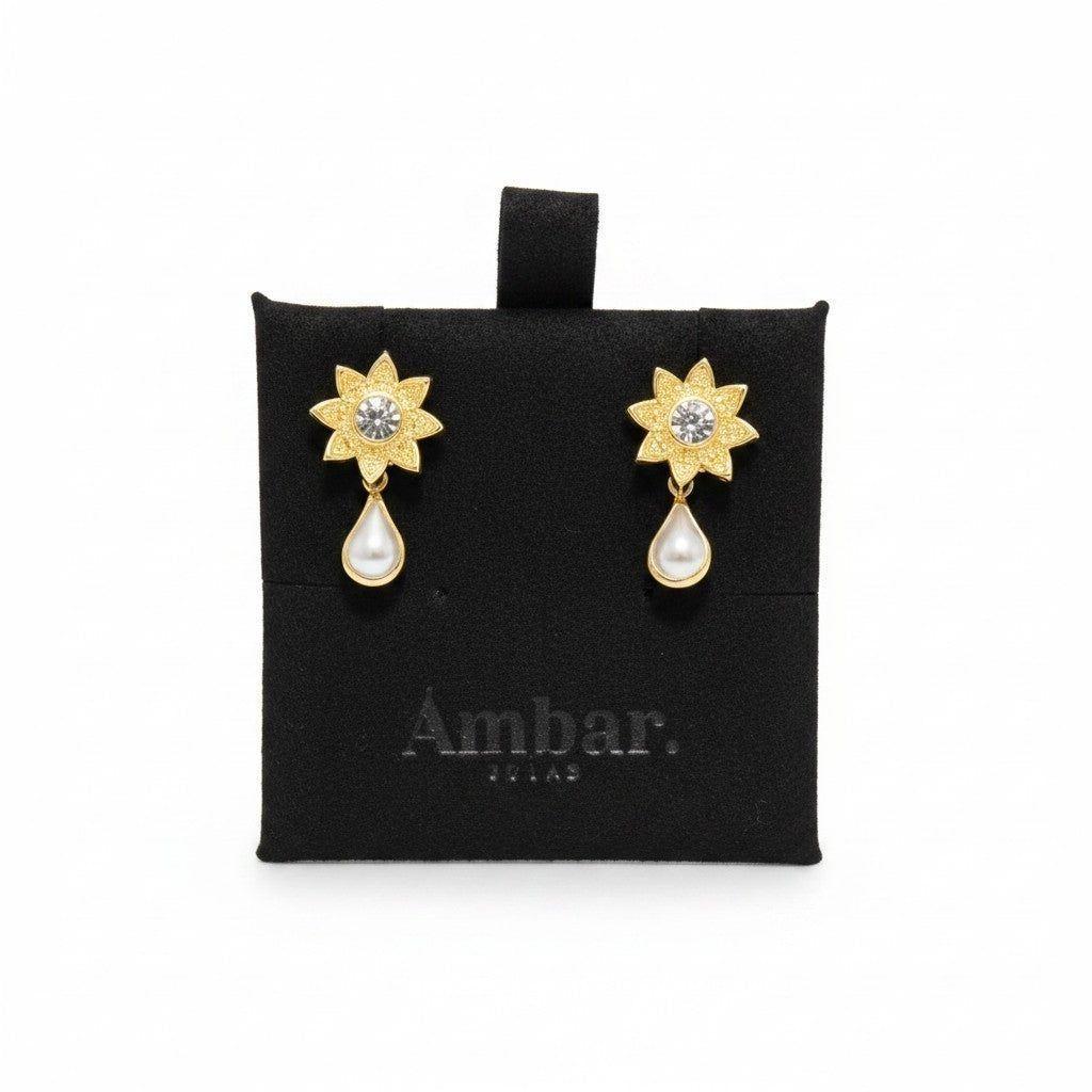 Aros Flor con Perla Colgante - Baño de Oro 18k-0