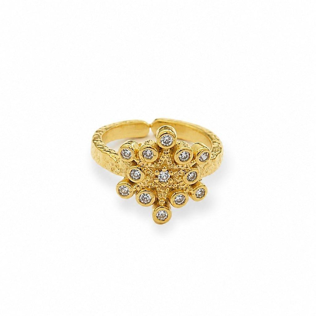 Anillo Ajustable Flor de Circones Baño de Oro-0