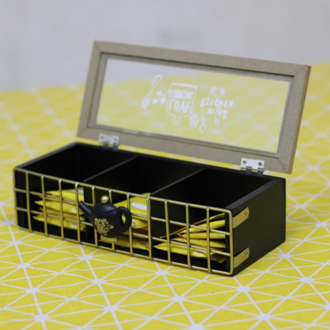Caja De Té Hierro Hierro Madera Con 3 Espacios 24x9.9x7.2cm-1