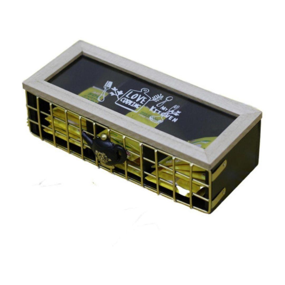 Caja De Té Hierro Hierro Madera Con 3 Espacios 24x9.9x7.2cm-0