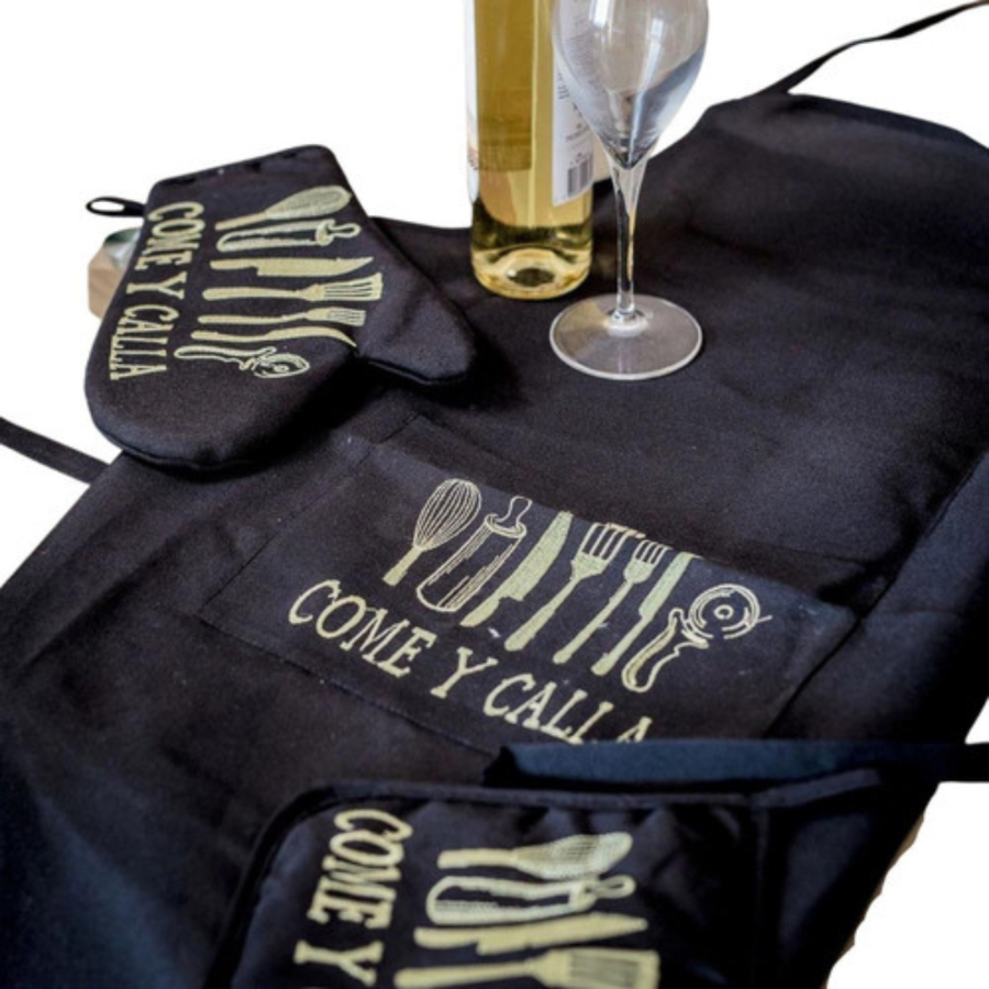 Delantal De Cocina Negro Come Y Calla Tomas Olla Guante-0