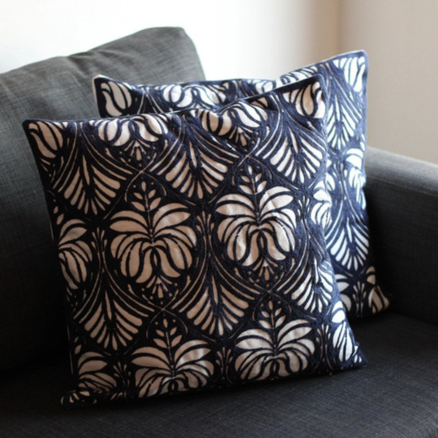 Set 2x Fundas De Cojin Flor Azul Blanco 43x43 Cm Lino -0