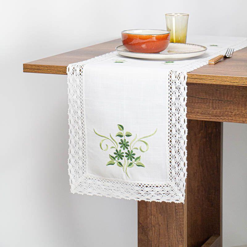 Camino De Mesa Rectangular Blanco Verde Comedor Lino 35x150-0