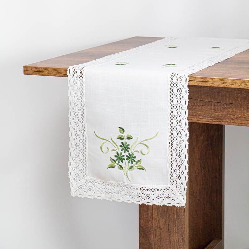 Camino De Mesa Rectangular Blanco Verde Comedor Lino 35x150-1