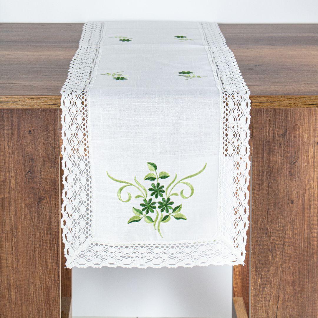 Camino De Mesa Rectangular Blanco Verde Comedor Lino 35x150-2