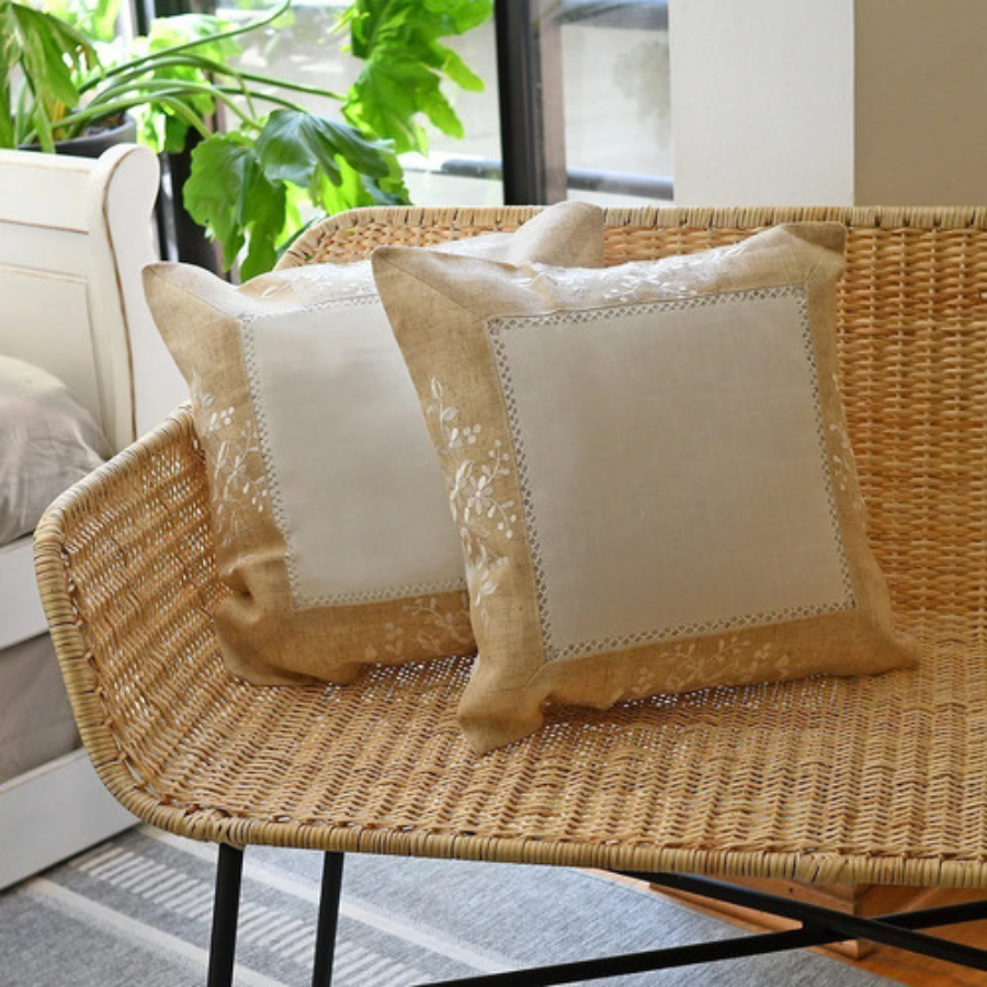 Fundas De Cojín Blanco Bordado Natura Lino Algodón 45x45cm-0
