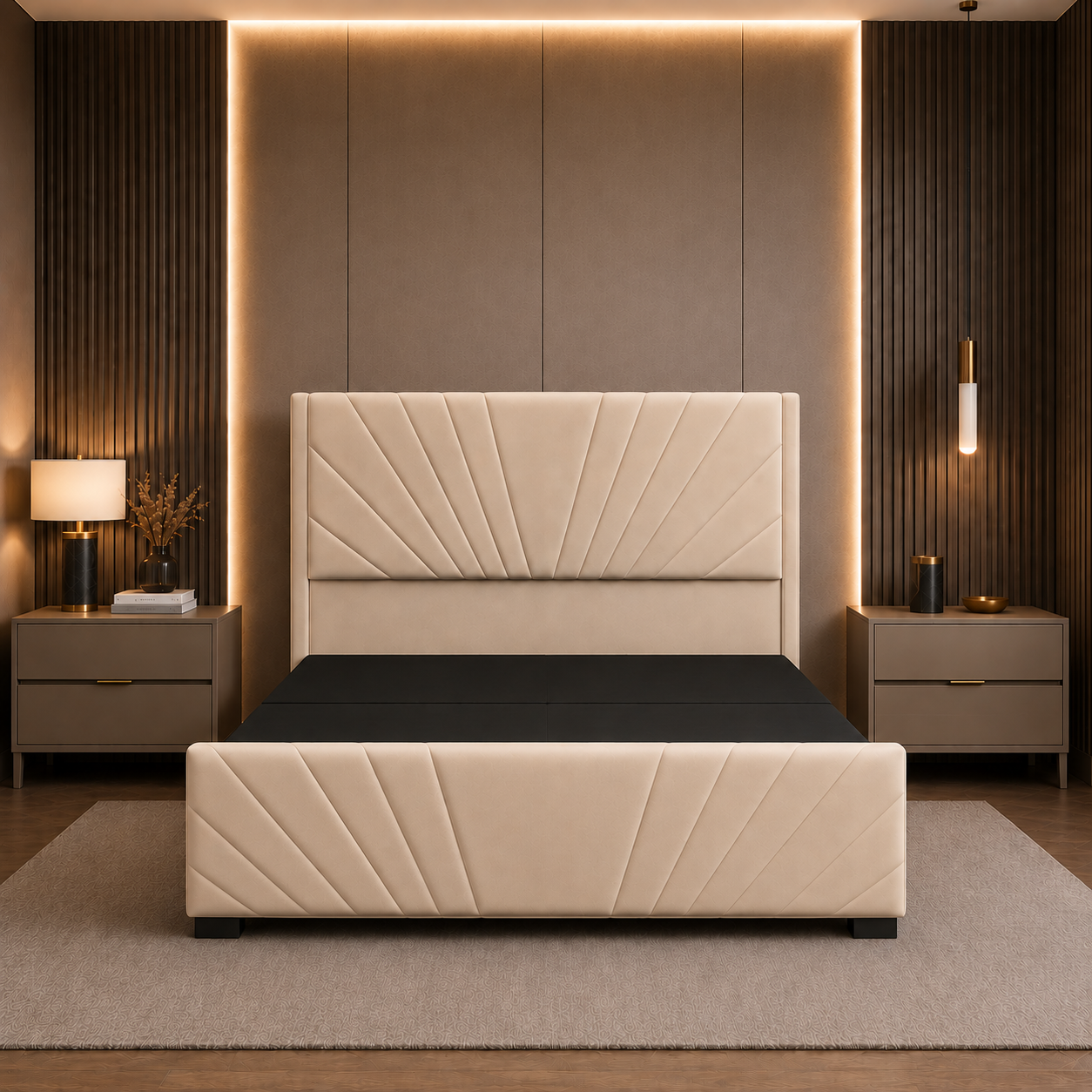 Cama Europea Moderna 2 Plazas Felpa con Bases Divididas y Doble Respaldo-0