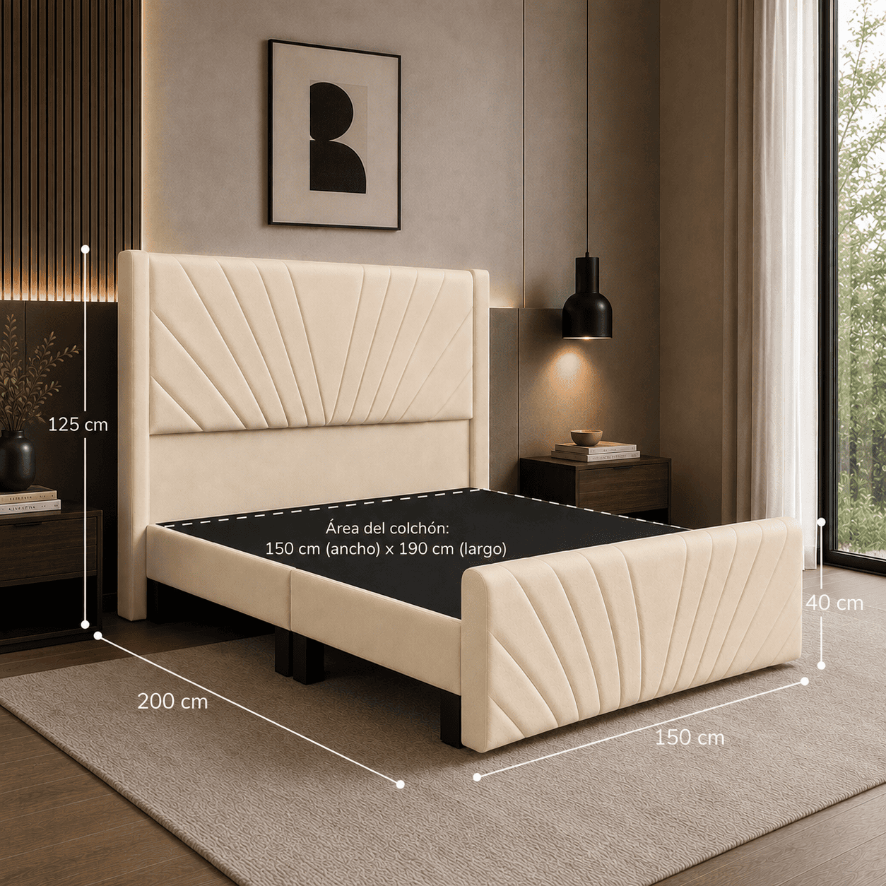 Cama Europea Moderna 2 Plazas Felpa con Bases Divididas y Doble Respaldo-1