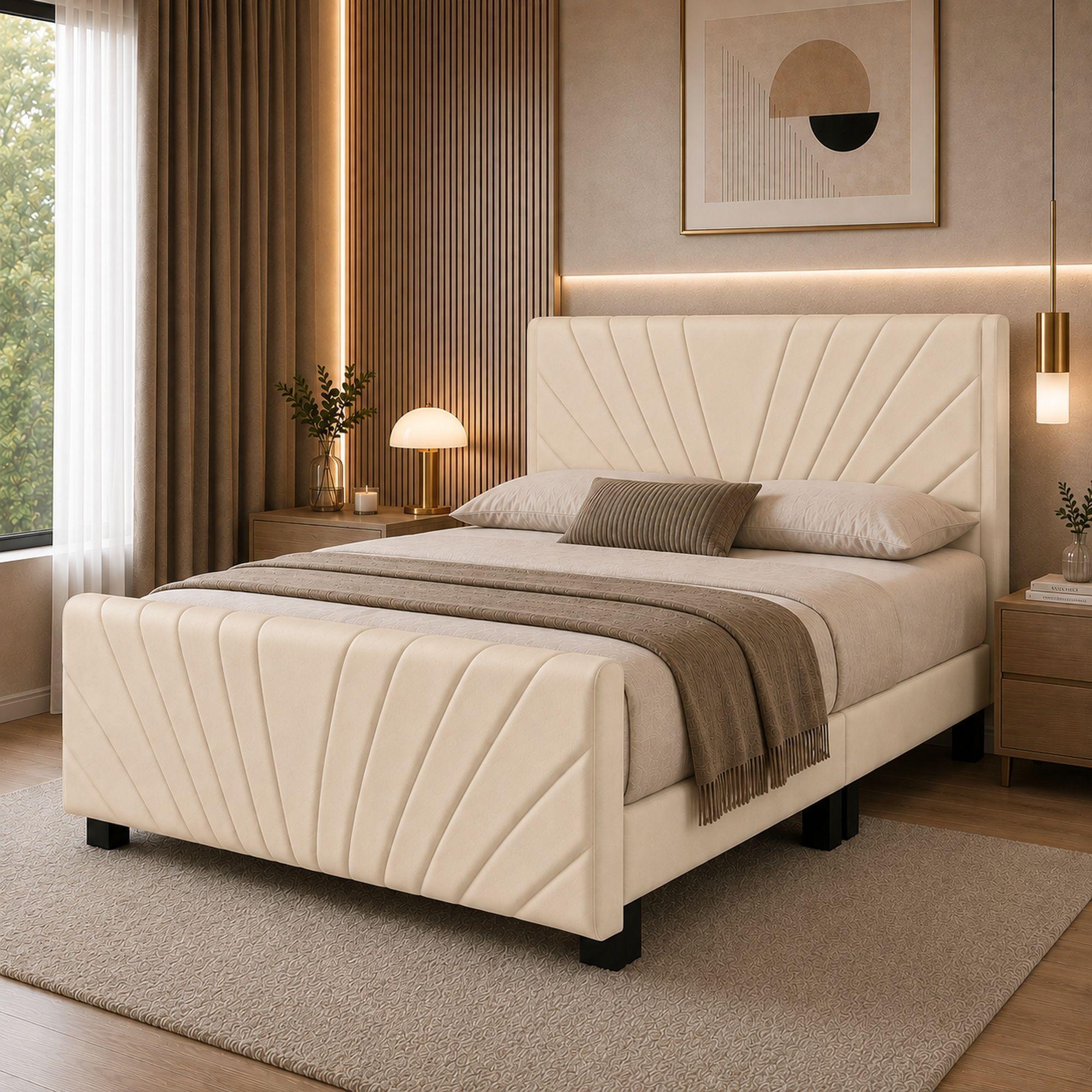 Cama Europea Moderna 2 Plazas Felpa con Bases Divididas y Doble Respaldo-3