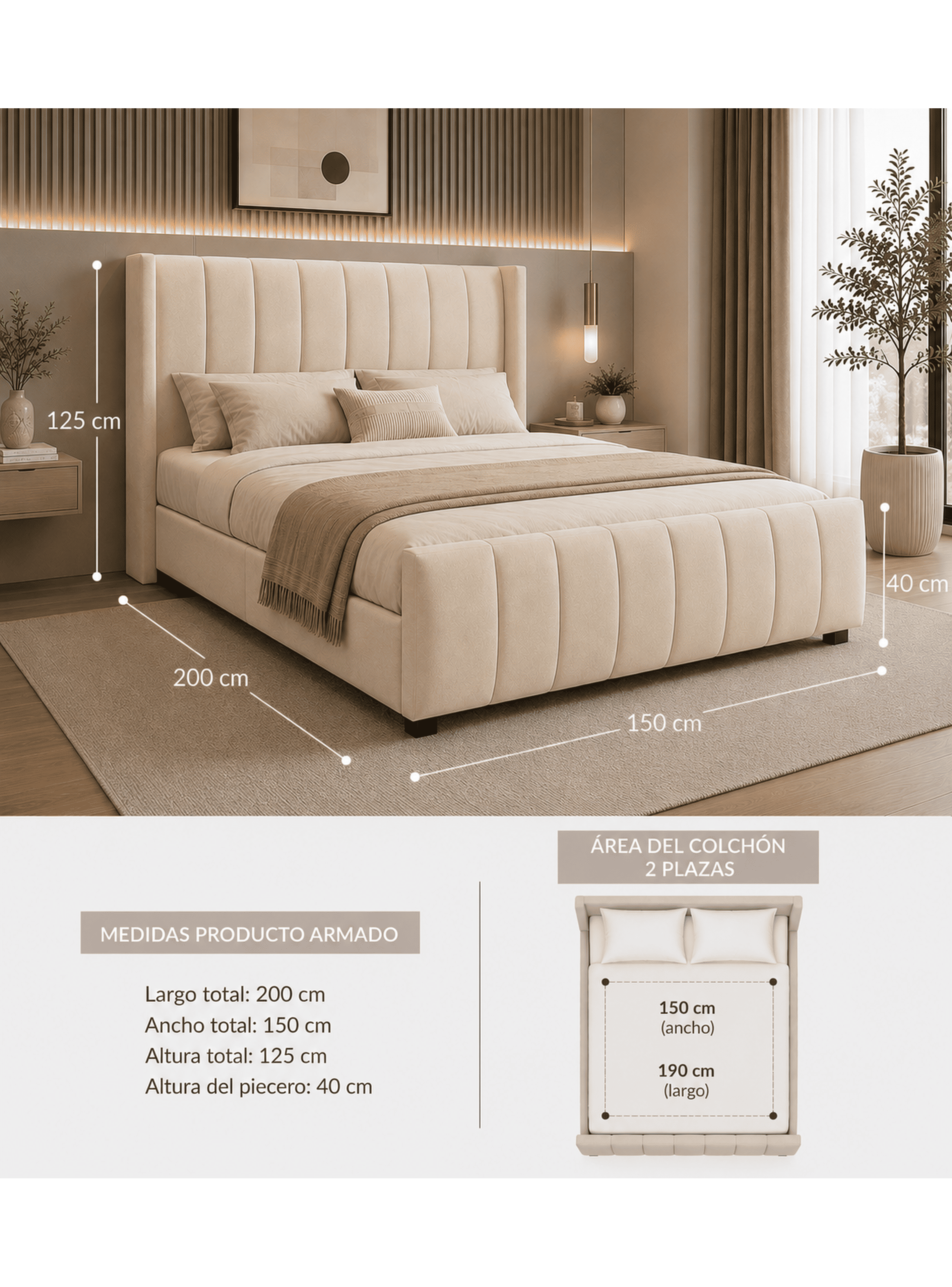 Cama Lineal Premium 2 Plazas con Bases Divididas Respaldo y Piercero-2