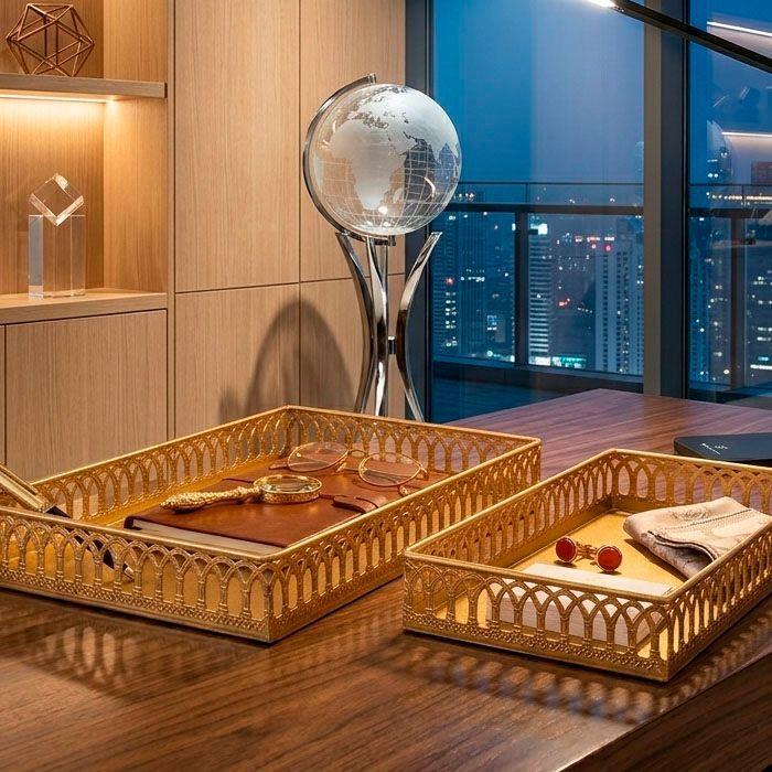Bandeja Decorativa De Metal Dorado Set De 2-2