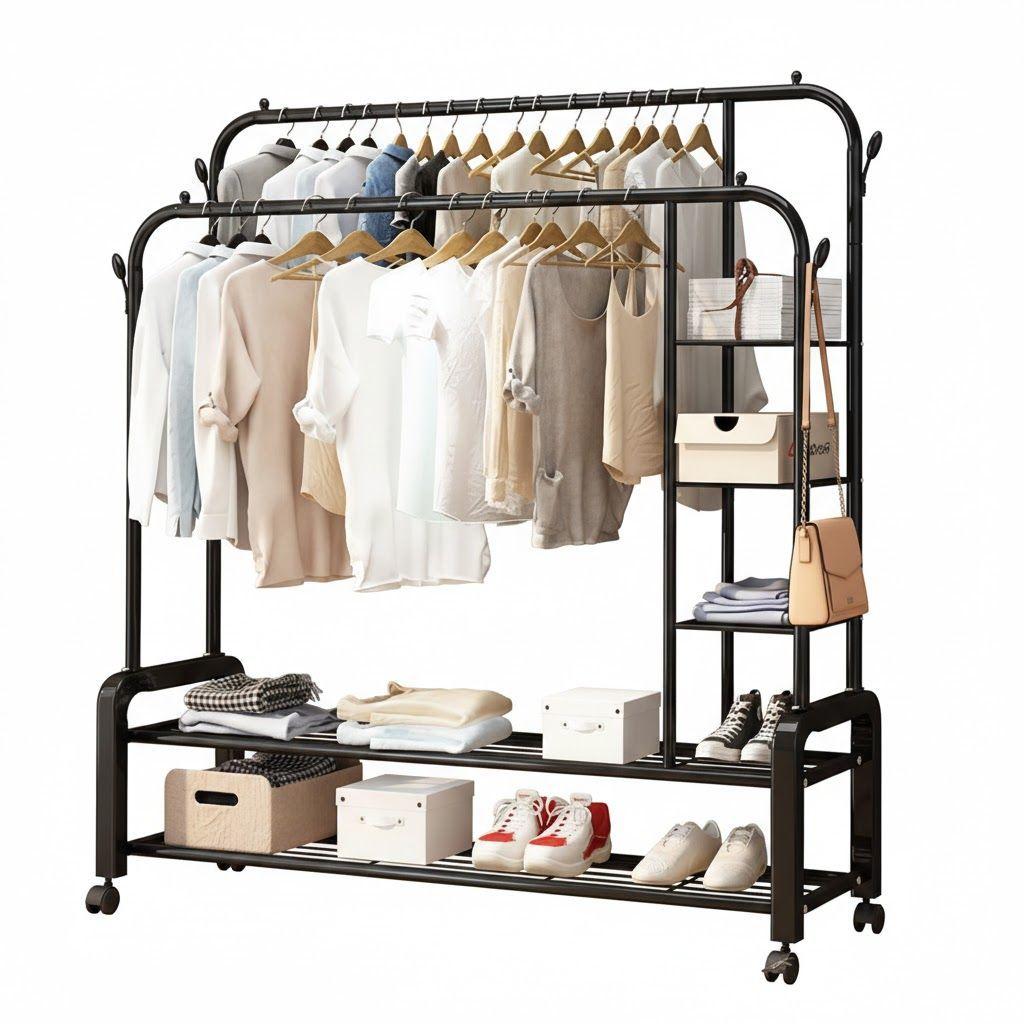 PERCHERO ORGANIZADOR COLGANTE DE ROPA DOBLE BARRA CON ESTANTE WYM-0