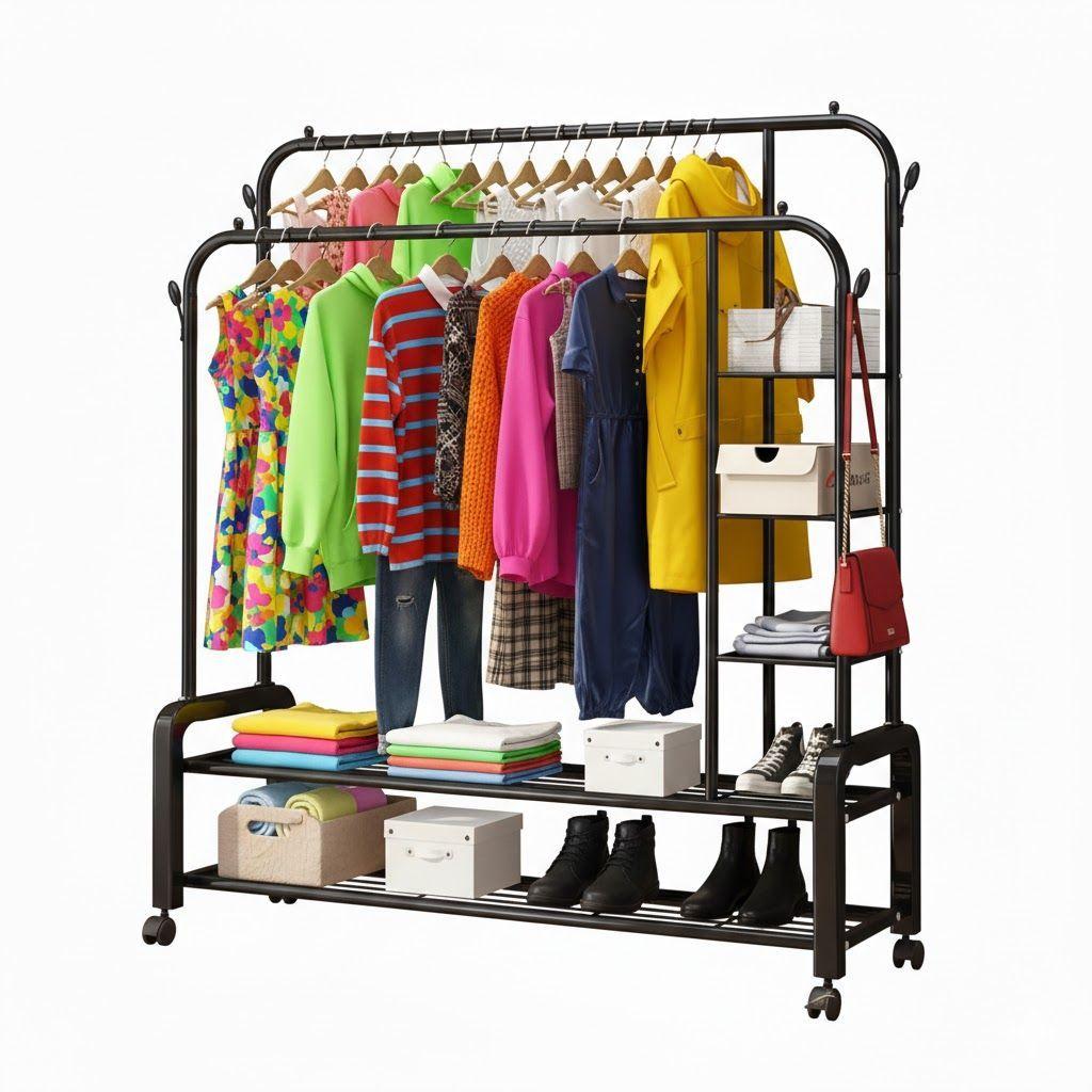 PERCHERO ORGANIZADOR COLGANTE DE ROPA DOBLE BARRA CON ESTANTE WYM-1