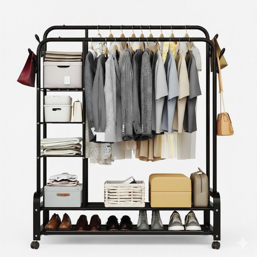 PERCHERO ORGANIZADOR COLGANTE DE ROPA DOBLE BARRA CON ESTANTE WYM-3