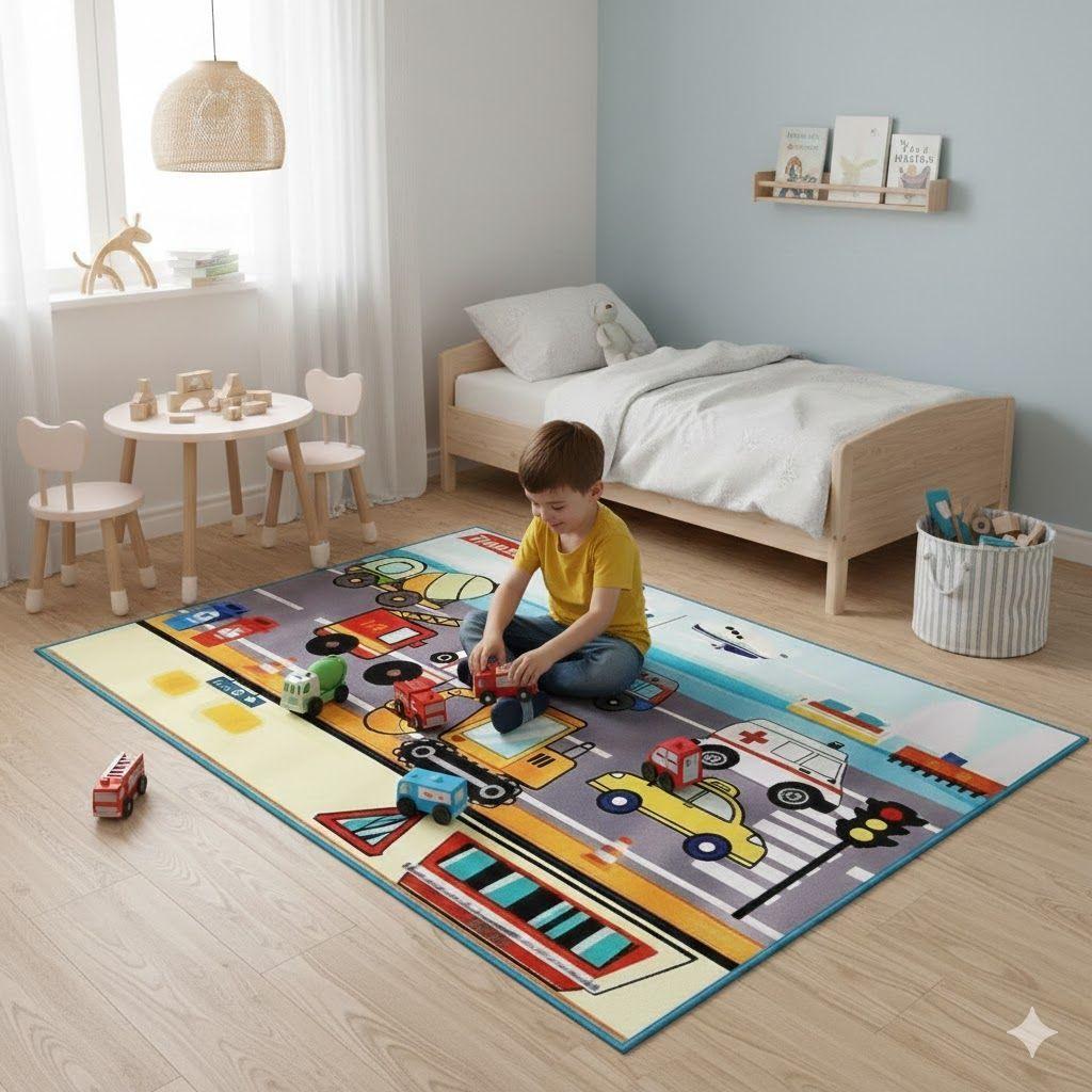 ALFOMBRA DE NIÑO MULTICOLOR DIVERTIDO DISEÑO TRANSPORTATION 120X180 CM-2