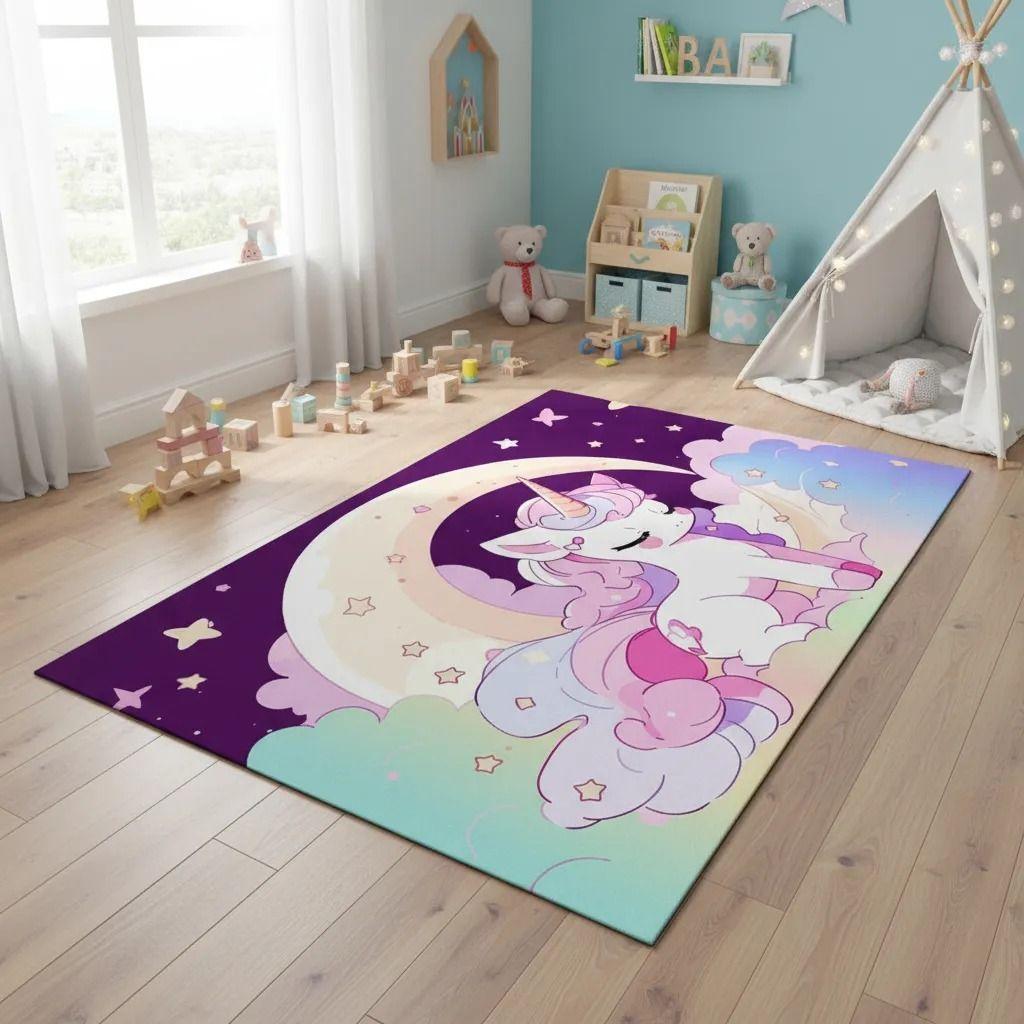 ALFOMBRA DE NIÑA TIERNO DISEÑO UNICORNIO MULTICOLOR VIOLETA 120X160 CM WM-2