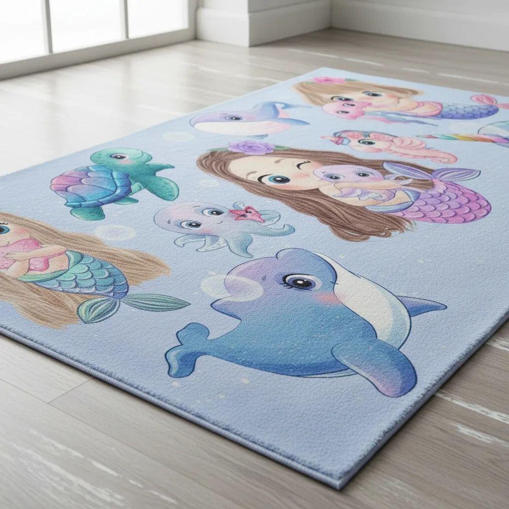 ALFOMBRA DE NIÑA TIERNO DISEÑO DE SIRENAS CELESTE MERMAID 120X160 CM WM-2