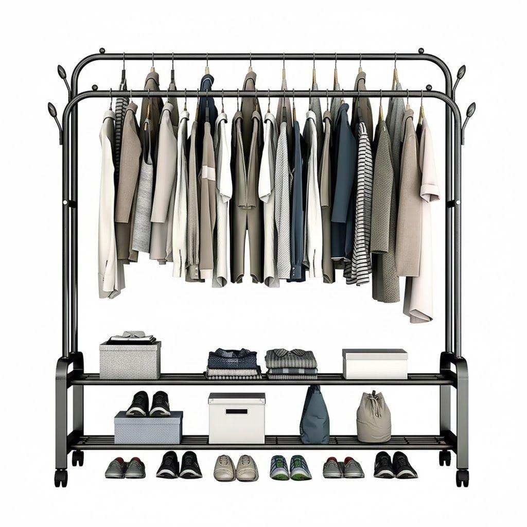 PERCHERO ORGANIZADOR COLGANTE DE ROPA DOBLE CON RUEDAS NEGRO WM-2