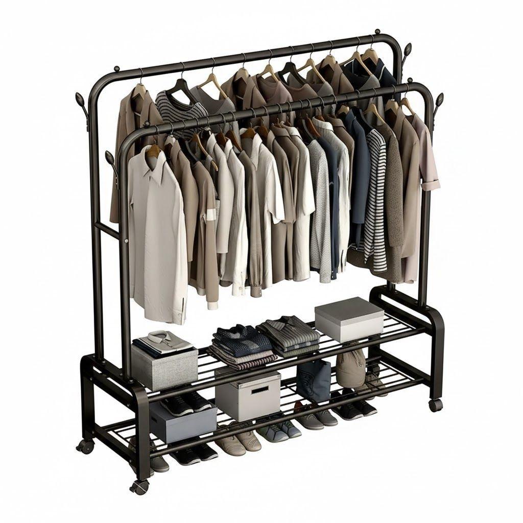 PERCHERO ORGANIZADOR COLGANTE DE ROPA DOBLE CON RUEDAS NEGRO WM-5