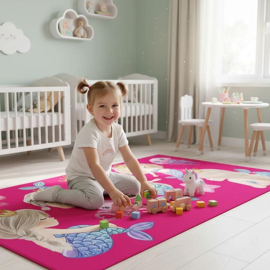 ALFOMBRA DE NIÑA TIERNO DISEÑO SIRENAS FUCSIAS MERMAID 120X160 CM WM-2