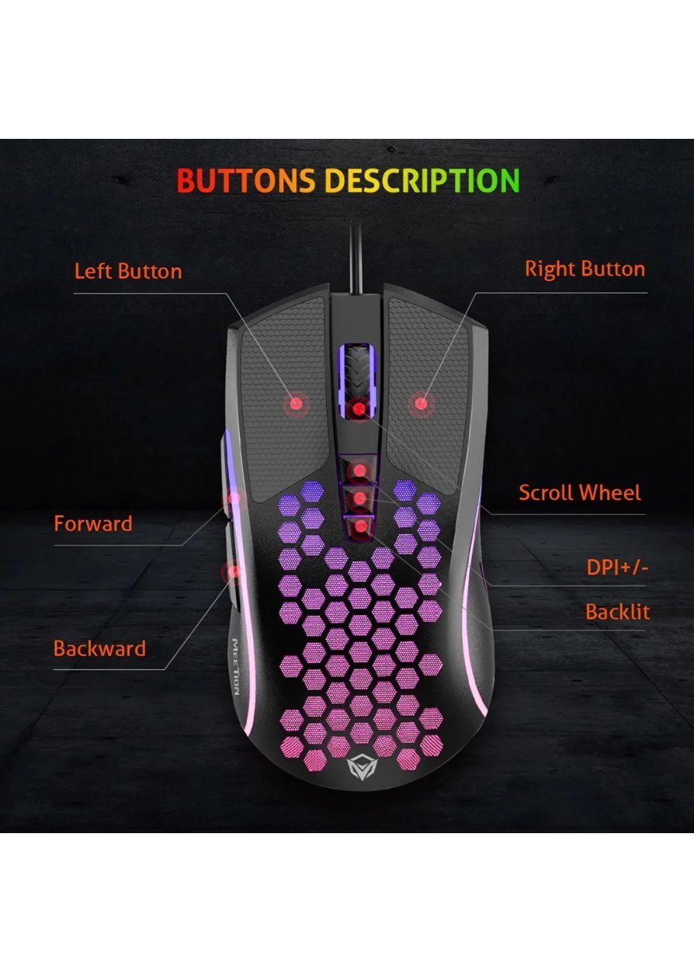 Mouse Gamer Ligero Rgb Con Cable Alta Sensibilidad Meetion Black-2