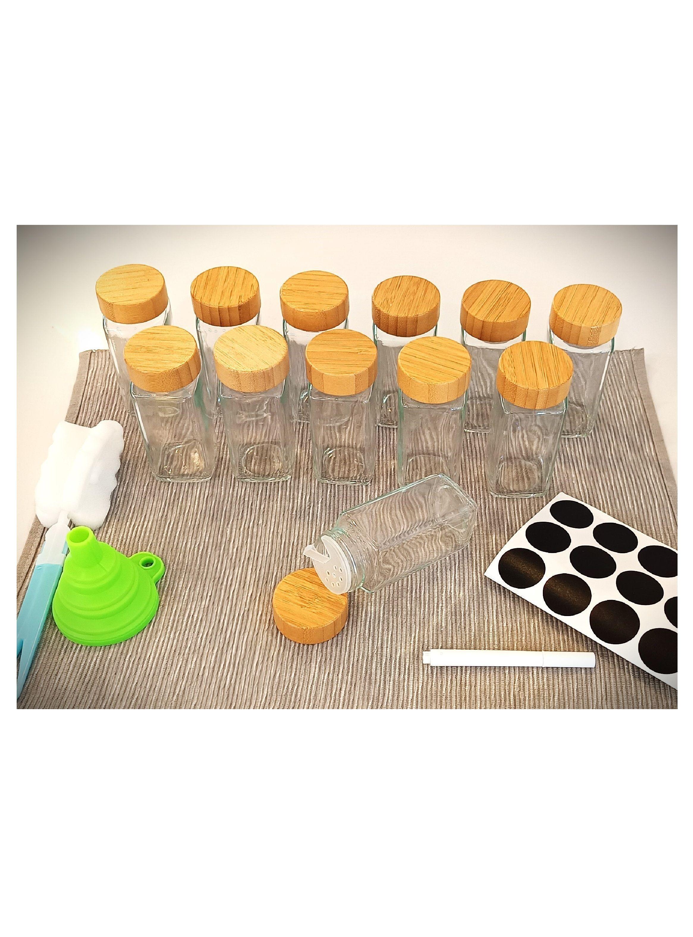 Set 24 frascos de vidrio para condimentos. Tapa bambú y accesorios (120ml)-4