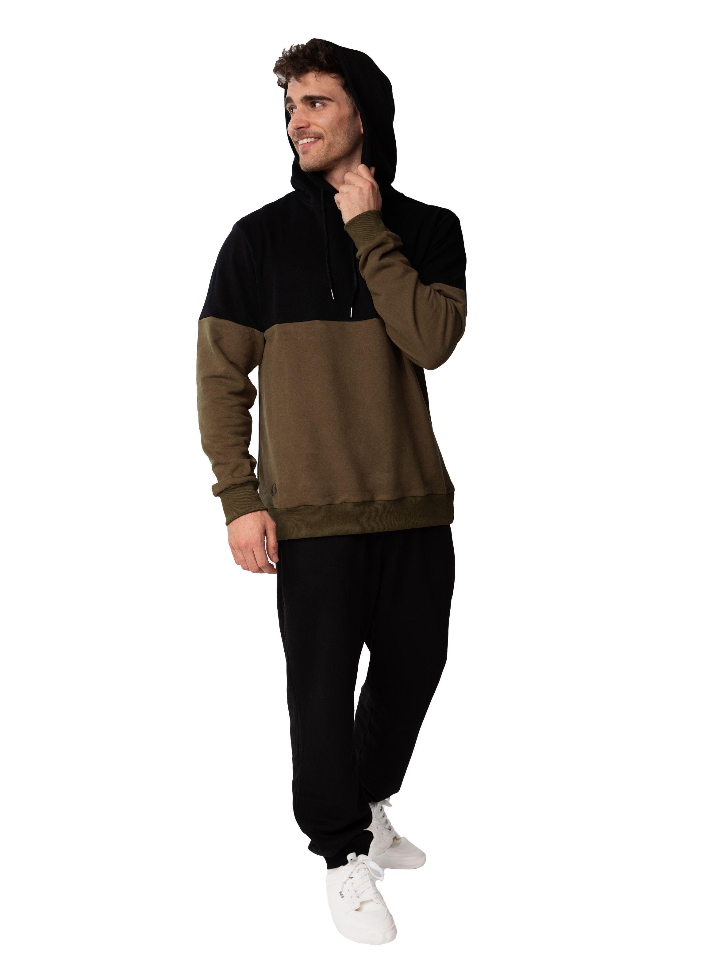 Polerón Bicolor con capucha hombre - Negro/Verde Olivo-2