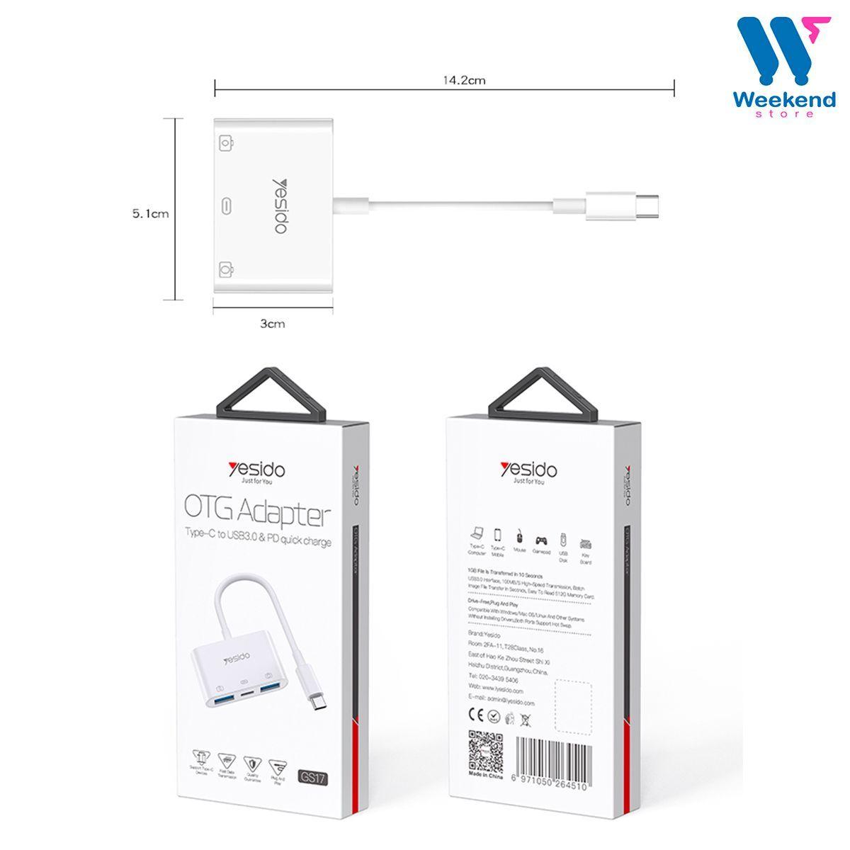 Adaptador 3 En 1 Otg Yesido Gs17 2 Entradas Usb 1 Tipo C-5