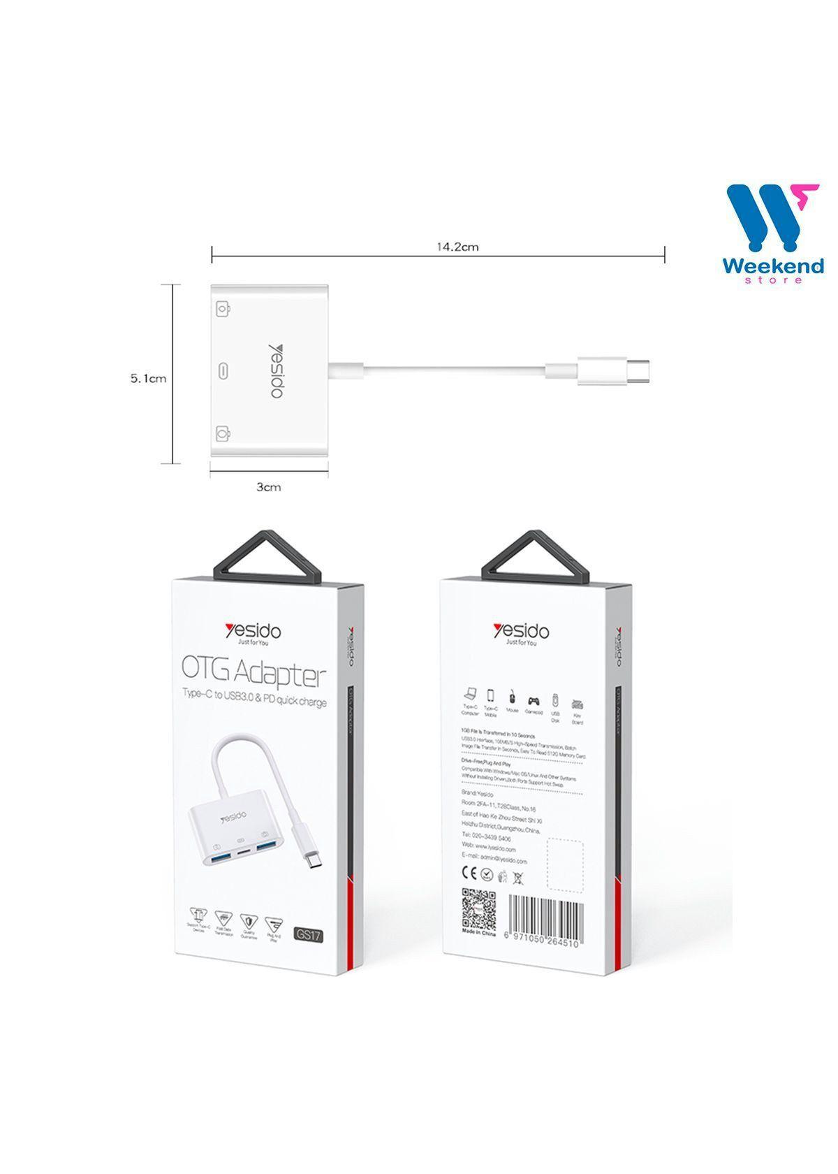 Adaptador 3 En 1 Otg Yesido Gs17 2 Entradas Usb 1 Tipo C-5