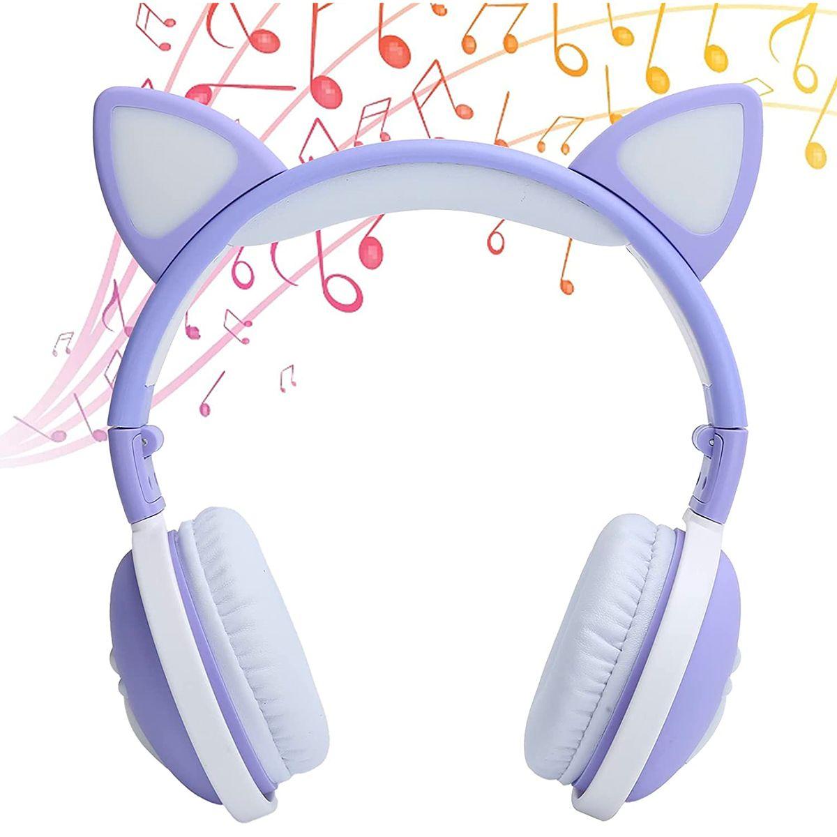 Audifonos Bluetooth Inalámbrico Niños Lila Led Gato-1