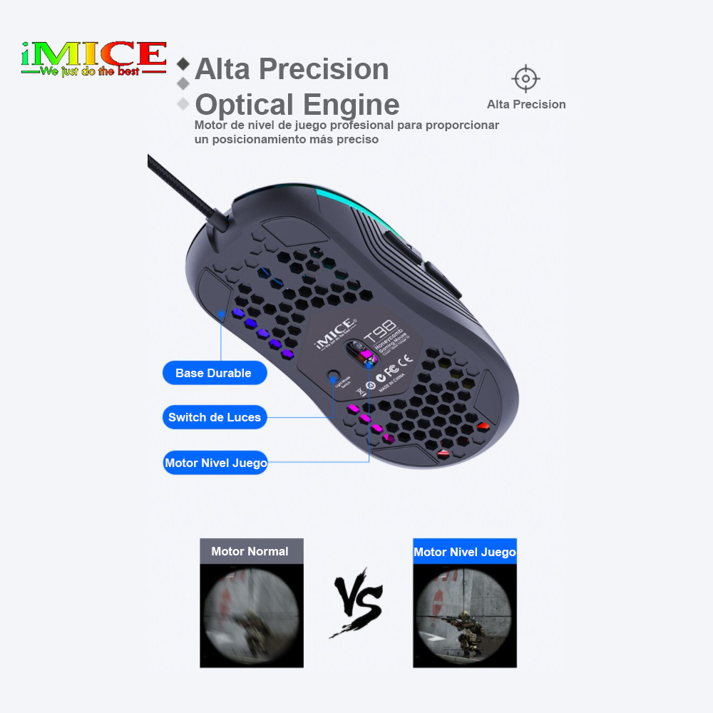 Mouse Gamer Premium Imice T98 Rgb 7200 Dpi Honeycomb Usb-2