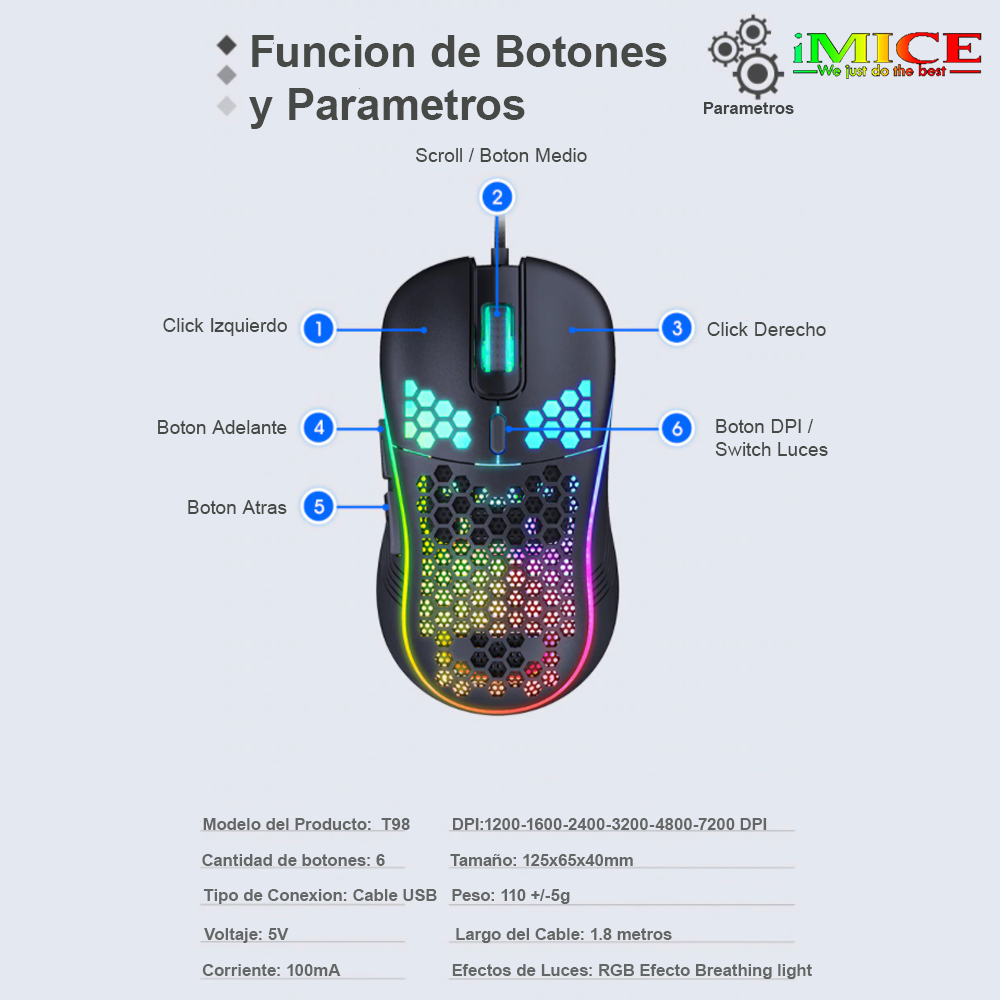 Mouse Gamer Premium Imice T98 Rgb 7200 Dpi Honeycomb Usb-3