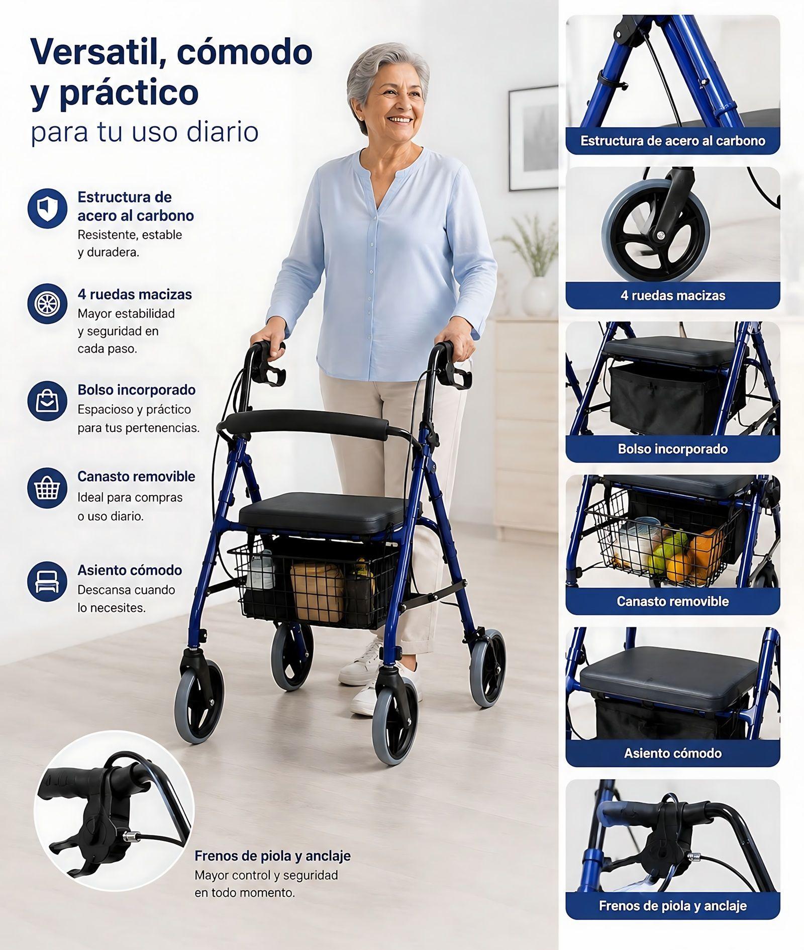 Andador Burrito 4 Ruedas Ortopedico Con Bolso Canasto Freno 3004B-3