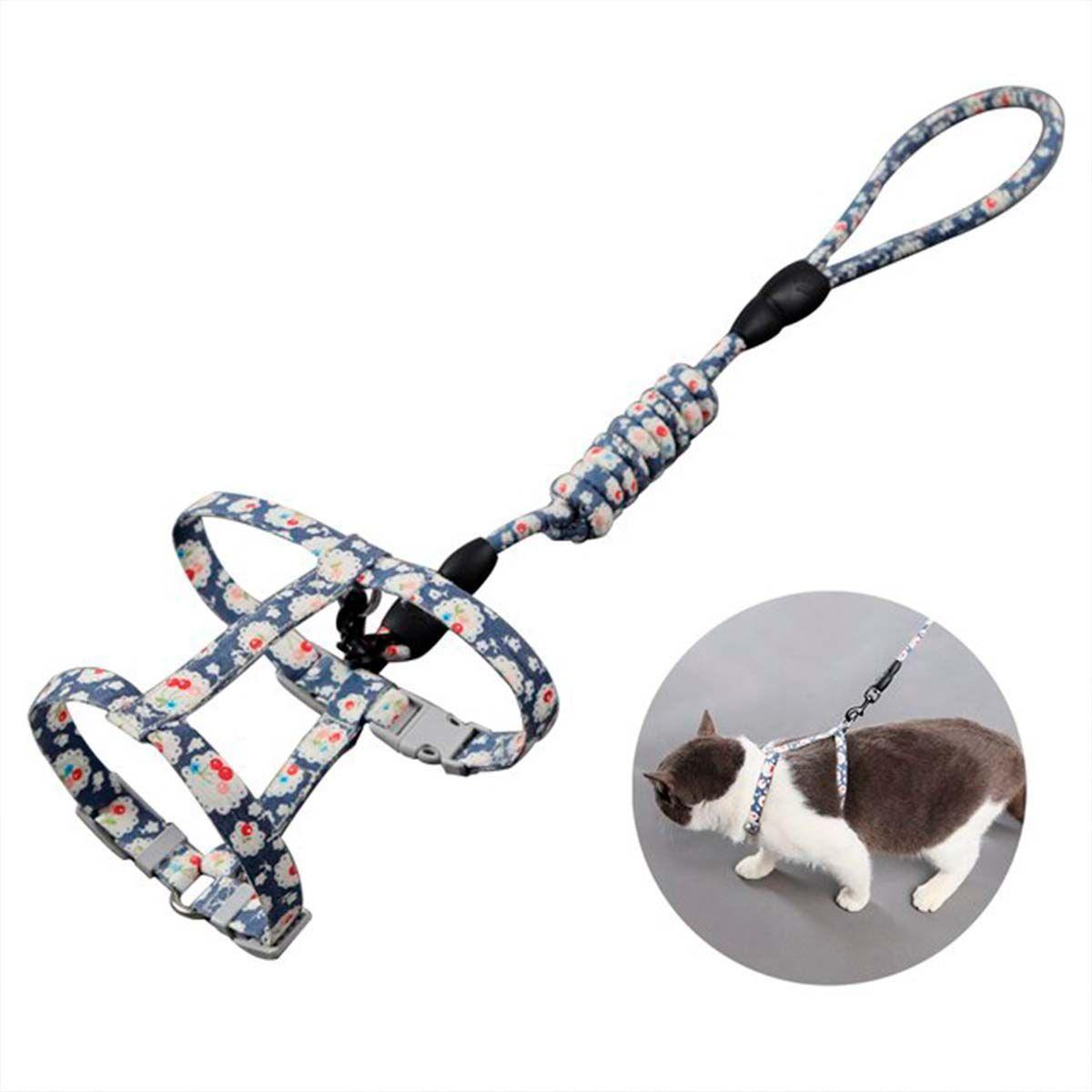 Arnes Ajustable + Correa Mascotas Perros Y Gatos Estampado Azul con flores-1