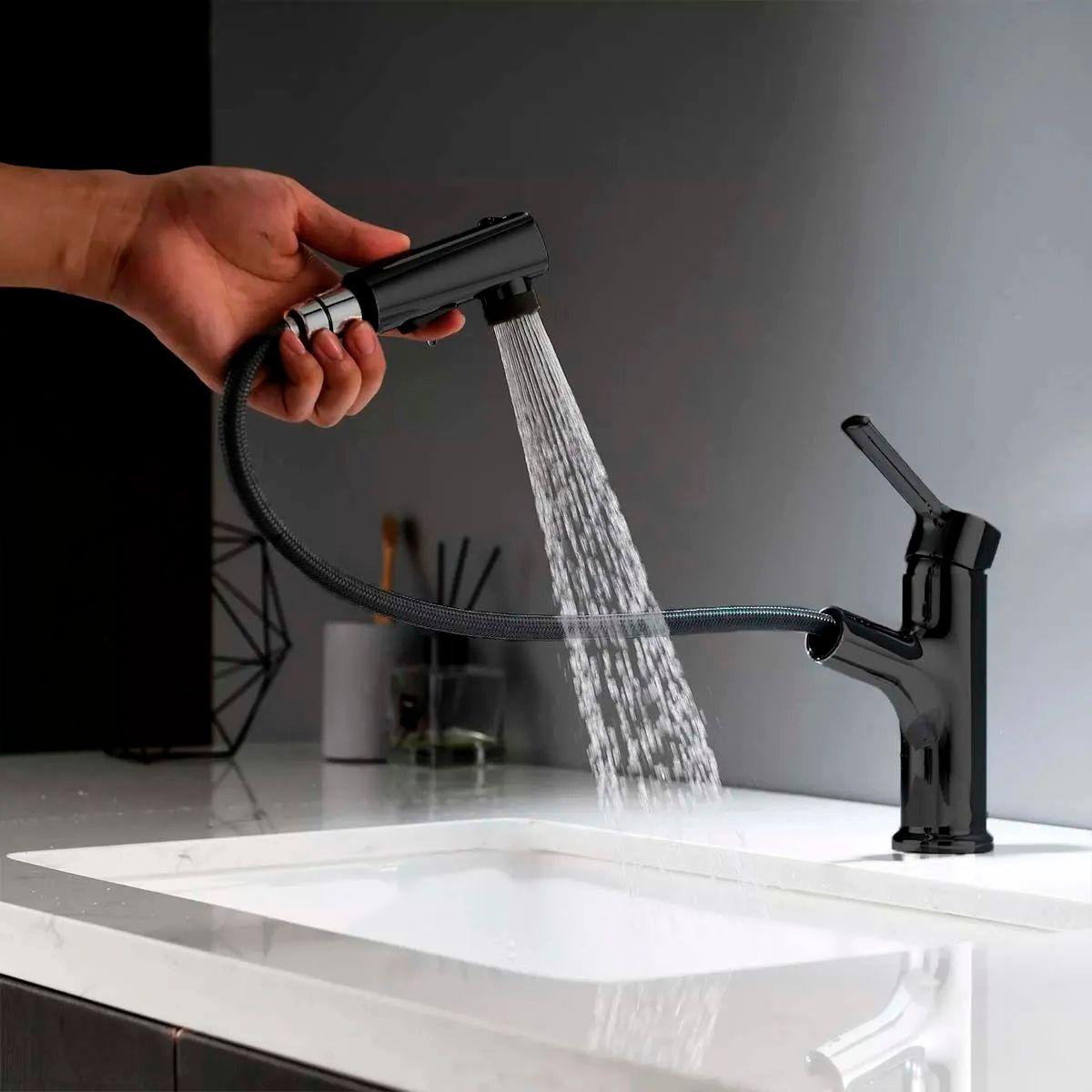 Llave Grifería Lavamanos Y Lavaplatos Extensible Negro Mate-3