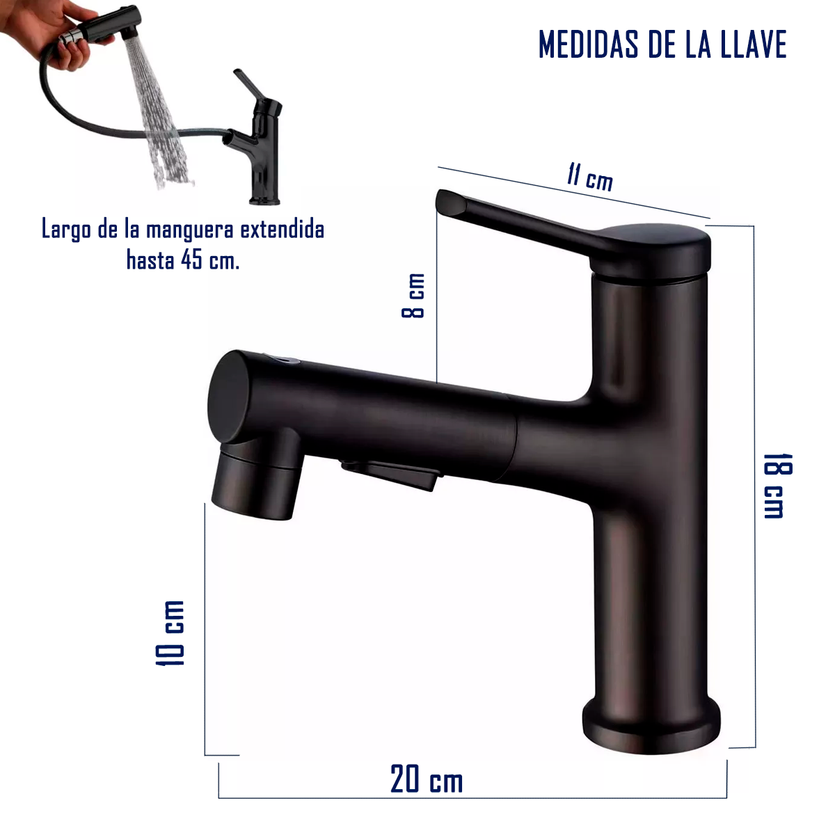 Llave Grifería Lavamanos Y Lavaplatos Extensible Negro Mate-2