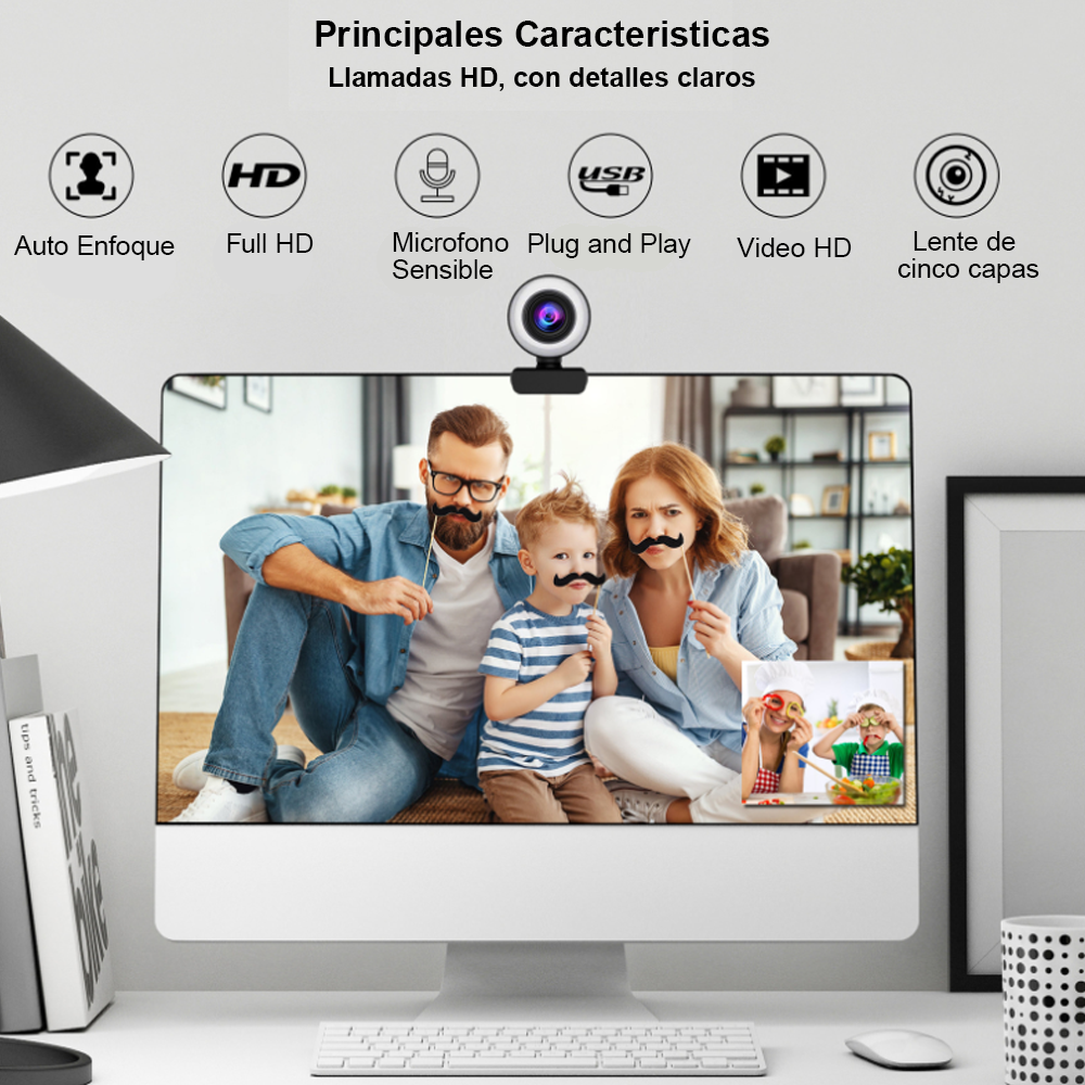 Webcam Camara Full Hd 1080p y Micrófono Aro Led Teletrabajo-1